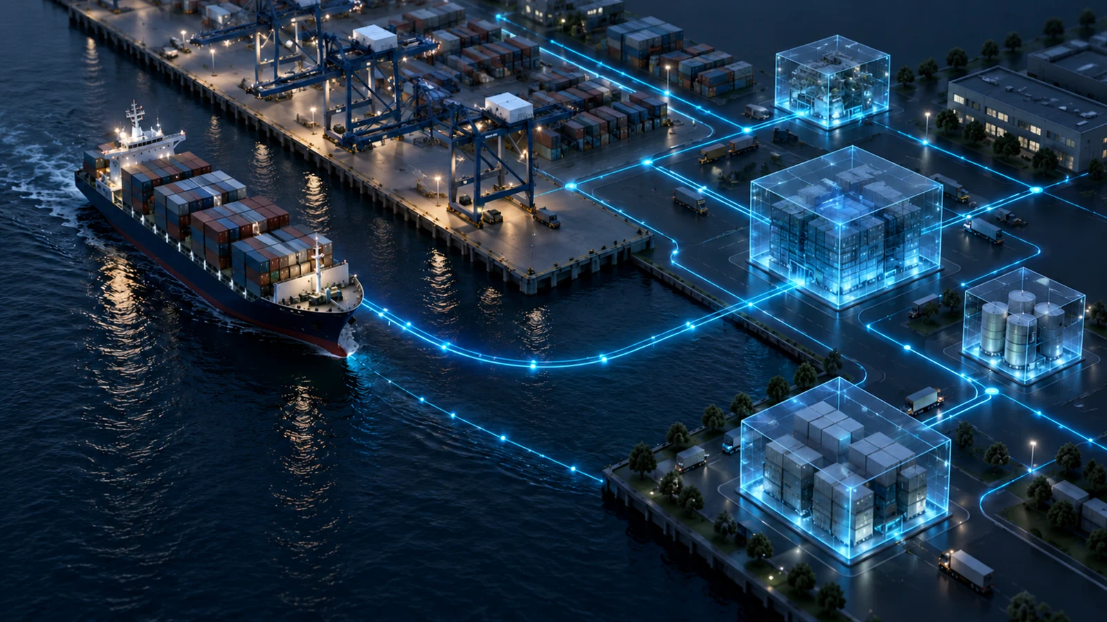 Concept illustration of luminous data paths connecting a port, cargo vessel and translucent message modules