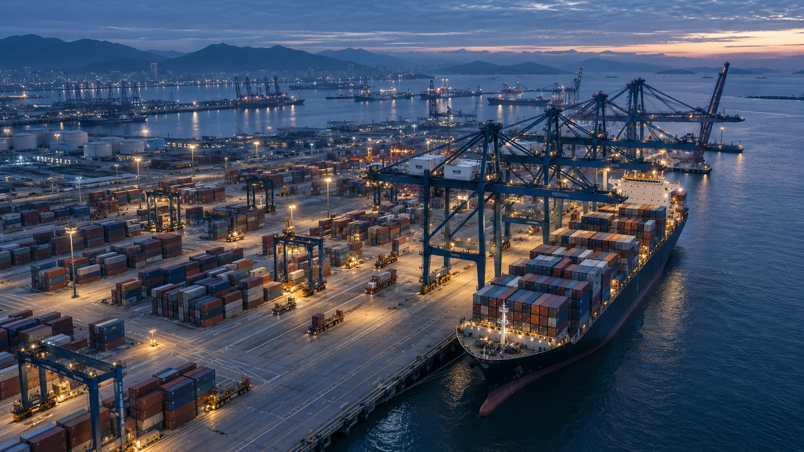 Illustrative aerial view of a container terminal, docked vessel and gantry cranes at blue hour