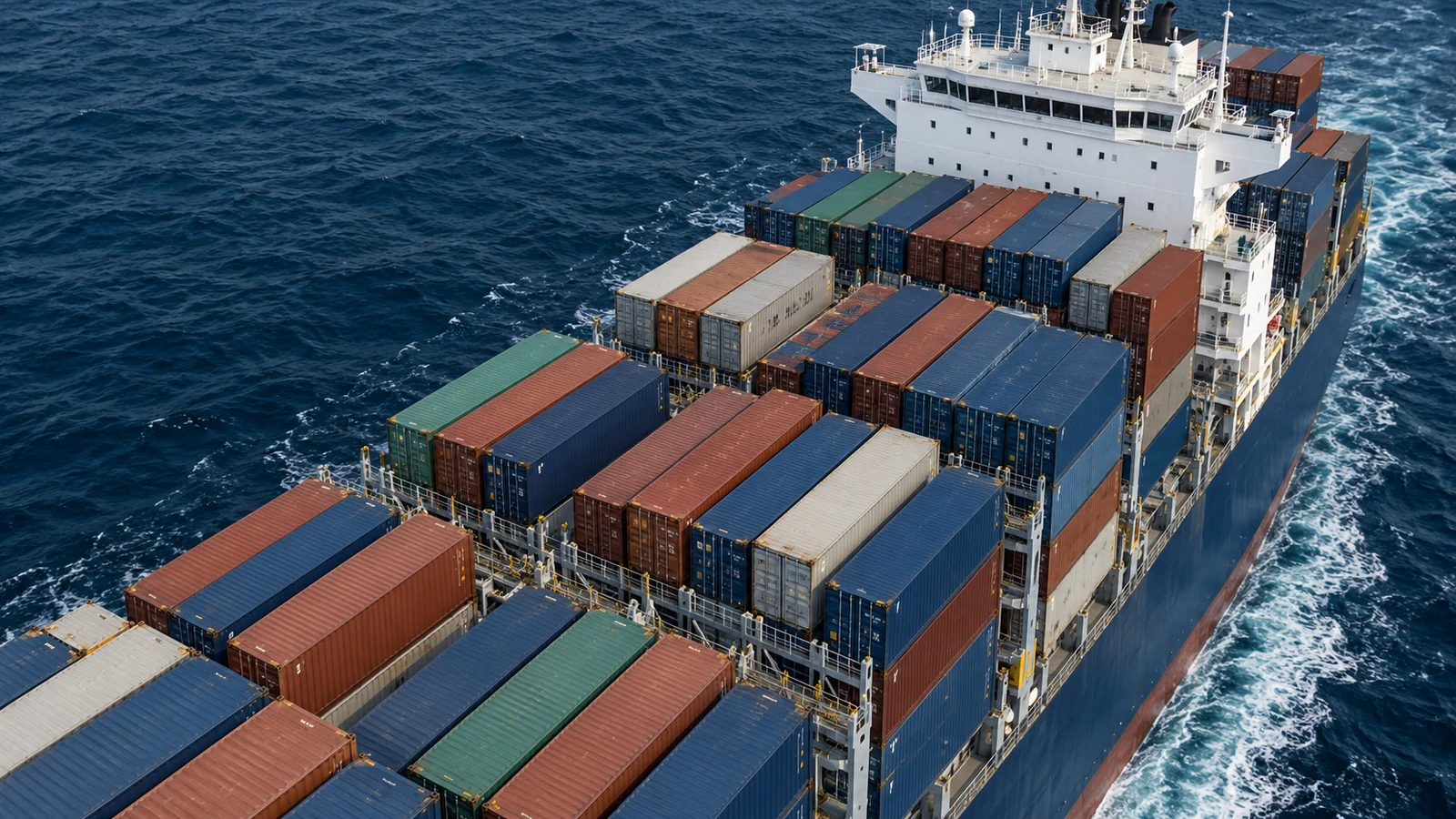 Illustrative close aerial view of ordered container stowage and the bridge of a vessel at sea